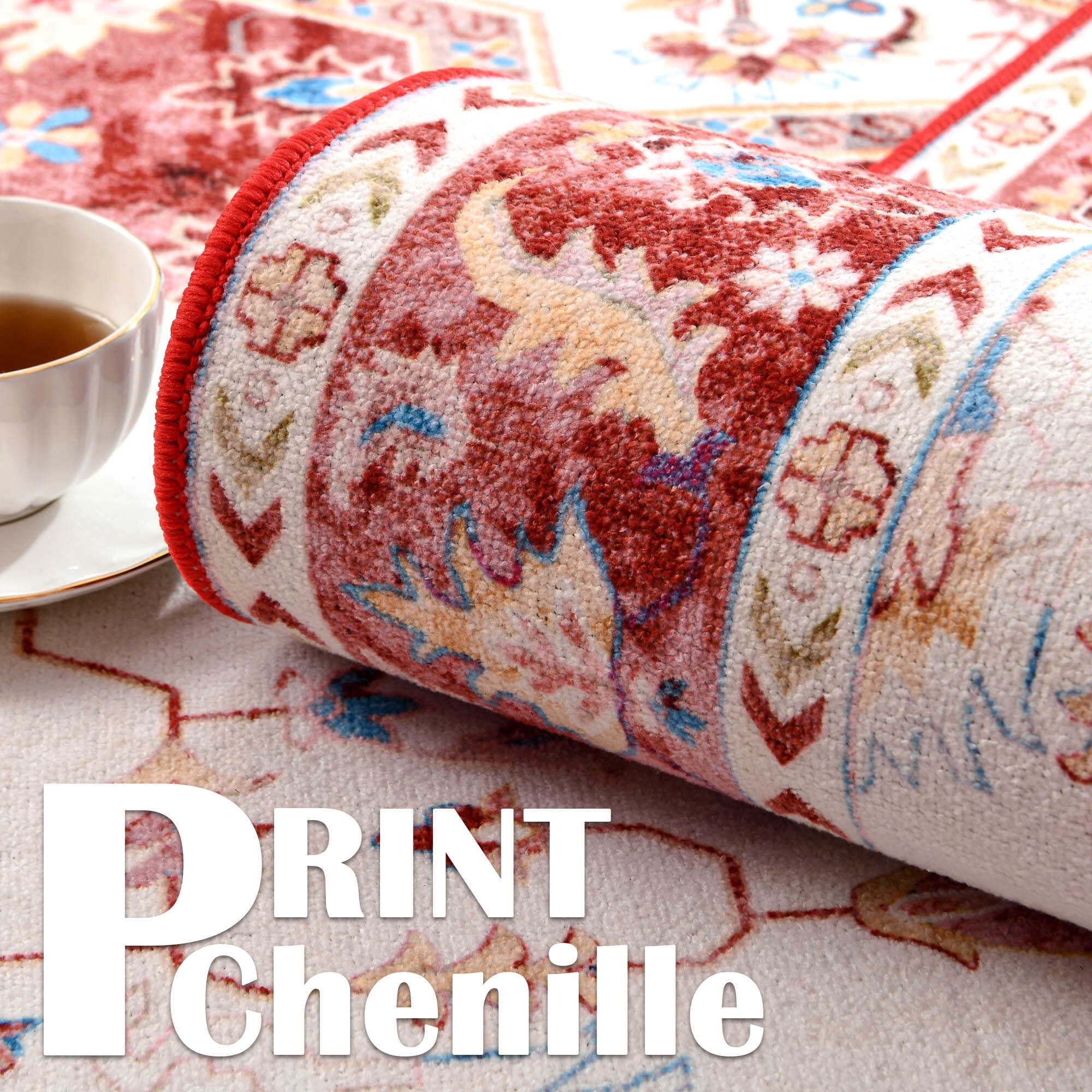 Softlife Ultra-Thin Chenille Vintage Area Rug Non Slip Washable Oriental Tribal Antique Carpet Home Decor Boho Style,6'x9',Red