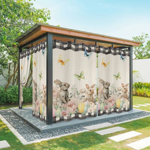 Outdoor Curtains for Patio Waterproof, Easter Rabbit Outdoor Privacy Panels Grommet, Farmhouse Spring Botanical Flowers Eggs Grid Blackout Outside Curtains for Porch/Cabana 54"x95", 2 Panels