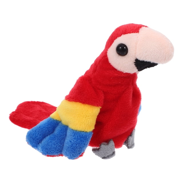 mini loro marioneta de dedo realista pájaro animal marioneta de mano juguete para contar historias juego interactivo marioneta de mano adorable pequeño loro marioneta de mano juguete de peluche multicolor, vista 3/4 frontal; títere de dedo de felpa roja con pico beige, ojos negros, alas amarillas y azules y patas grises, tamaño 12 x 9 x 5.5 cm, material suave (felpa y algodón PP), diseño realista y movimiento flexible para contar historias y desarrollar la motricidad fina; apto para casa, jardín de niños o escuela.