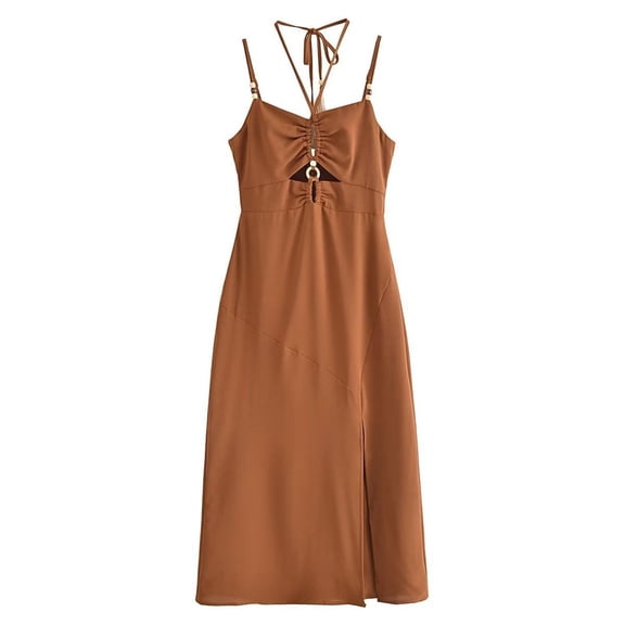 Summer Dresses For Women Plus Size Sleeveless Solid Neck Hollow Chest Tube Top Style Suspender V-neck Women's Summer Flowy Maxi Dress — Brown∣S