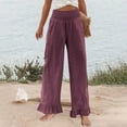 thumbnail image 2 of XIAONU Women's Ruffle Hem Wide Leg Pants Smocked High Waist Side Pocket Design Trousers Lightweight Boho Style Casual Bottoms Purple, 2 of 7