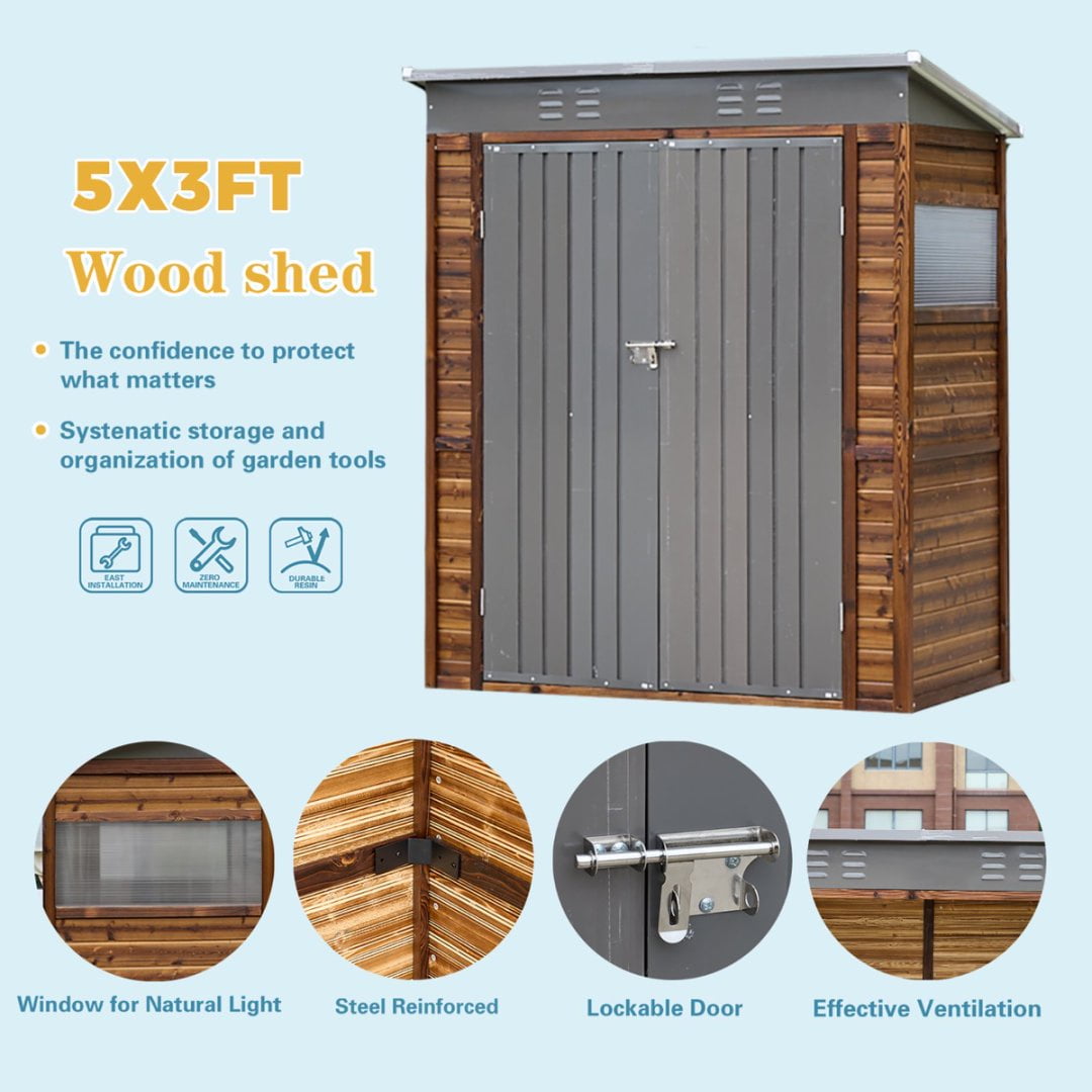 Fehomix 3x5 FT Outdoor Storage Shed, Metal and Wood Tool Shed with Wide Iron Doors & Windows, Weatherproof Garden Shed for Backyard, Lawn Mower & Large Equipment Storage