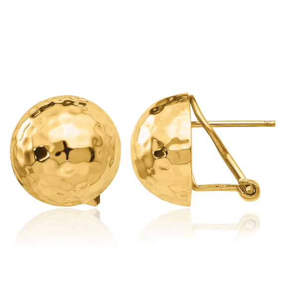 14K Solid Yellow Gold Hammered Omega Clip Back Post Stud Earrings