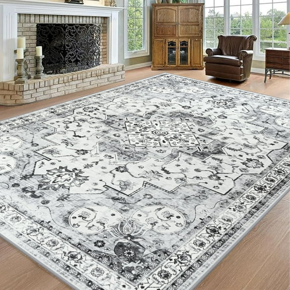 Jamfeel Area Rugs for Living Room Classic Vintage Print Washable Rug Low Pile Carpet for Bedroom Dining Room, 4'x6', Gray