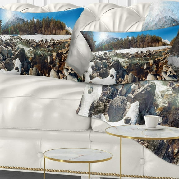 Designart Baskan Mountain River at Wintertime - Landscape Printed Throw Pillow - 12x20