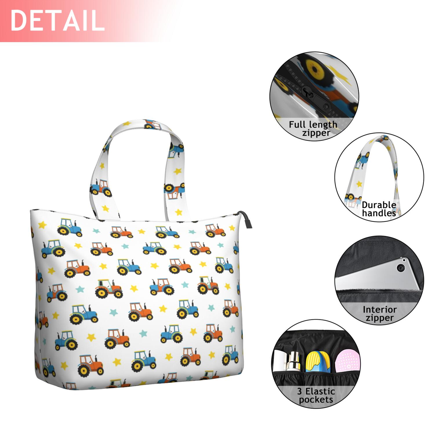 Cartoon Tractors Stars White Pattern Travel Tote Bags for Women Carry On,Large Weekender Bags for Women Travel,Multi Functional Duffle Bag for Work,Shopping,Sports