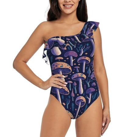 Qokaie Floral Hippie Mushrooms Print Women s One Piece Swimsuits Tummy Control Bathing Suits Asymmetric One Shoulder Swimwear-XX-Large