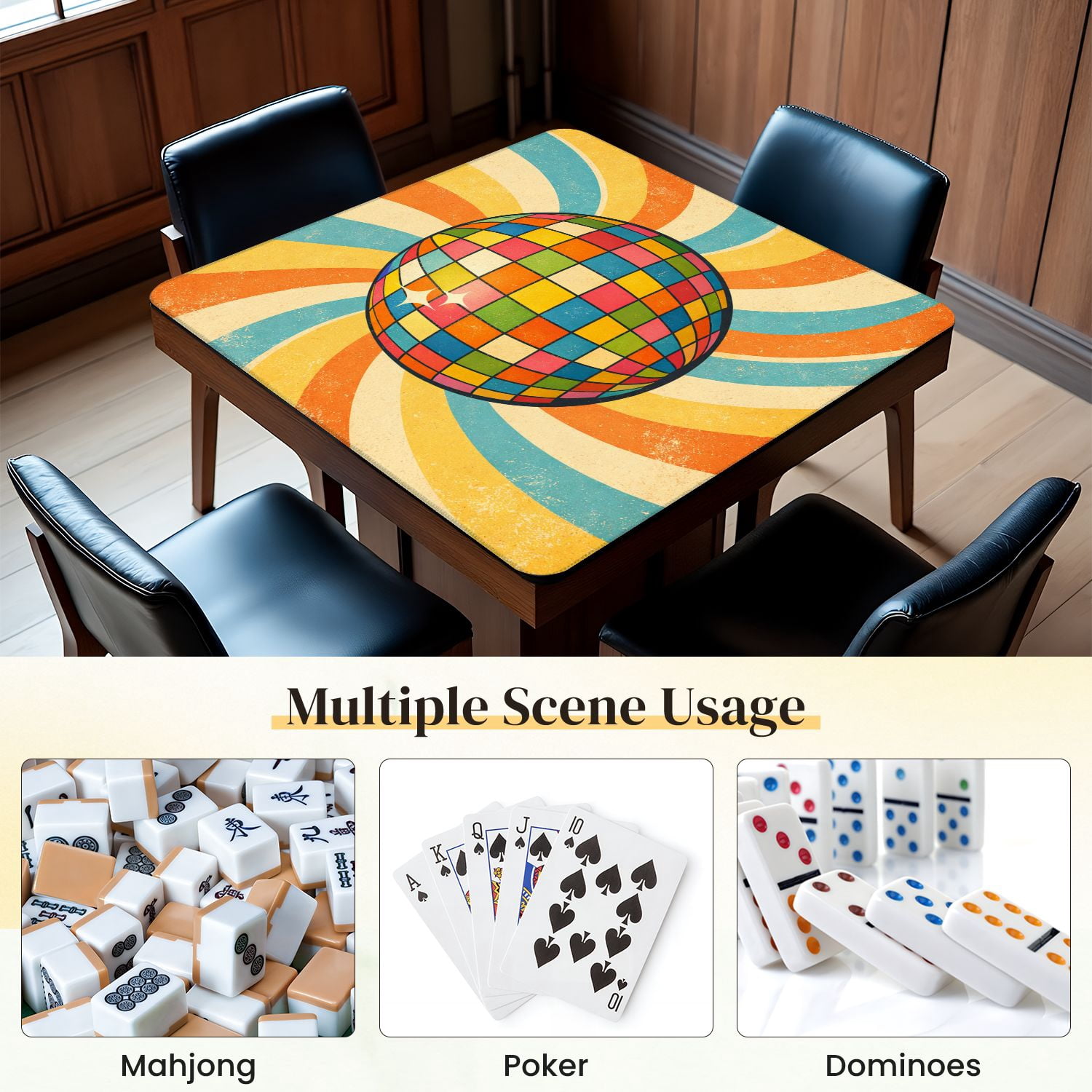 Mahjong Mat 31.5" x 31.5" Colorful Disco Ball Retro Swirl Non-Slip Noise Reduction Mahjong Tiles Table Cover for Dominoes Poker Card Board and Tile Games