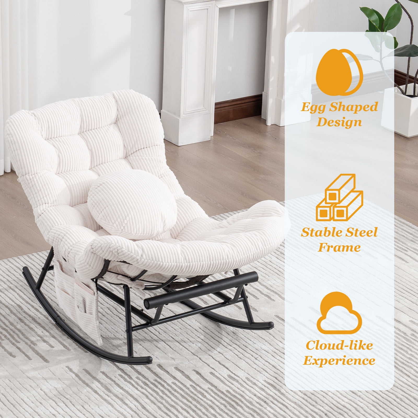 MOONMISS Outdoor Rocking Chair with Footrest, Indoor Oversized Comfort Reading Chair Cover with Cushion, Patio Rocking Chair Lounger,Beige