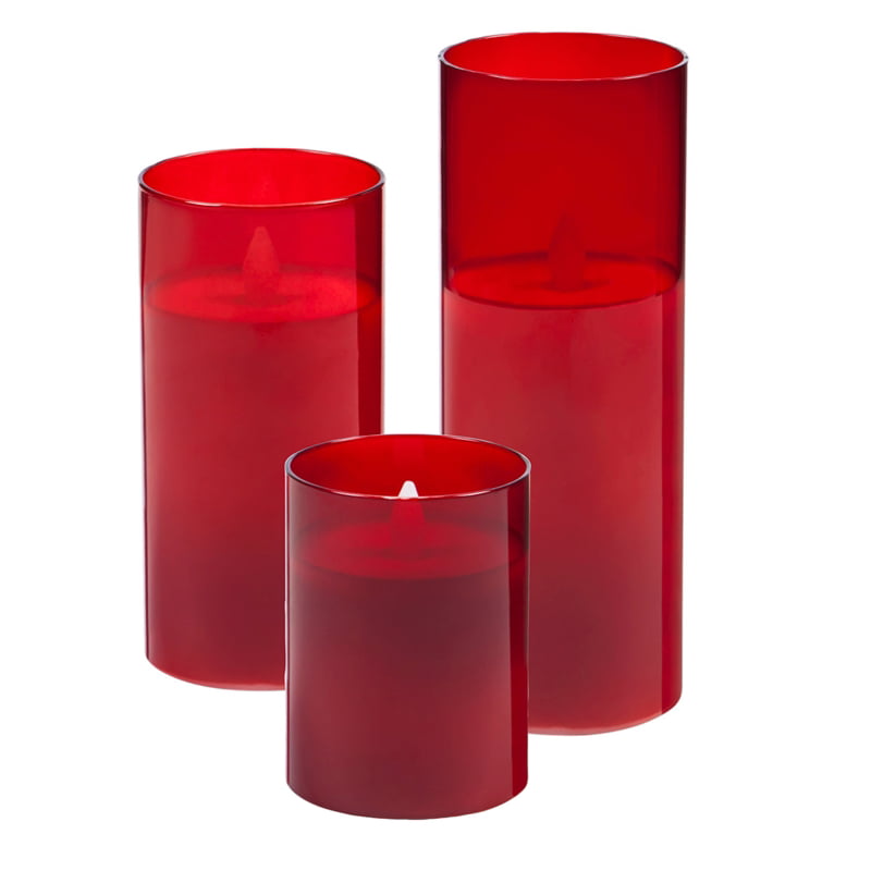 Red Glass Battery Operated Flameless LED Wax Pillar Candle, Set of 3 ...