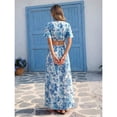 thumbnail image 2 of Blue Floral Print Tie Front Deep V Neck Cutout Waist Maxi Dress For Women, 2 of 8