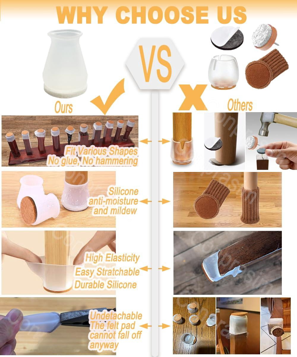 Extra Small Silicone Chair Leg Floor Protectors With Felt  Fit 19/32" To 15/16" Glide Caps Silicon Furniture Feet Cover Bottom Slide Protect Hardwood Floors No Noise 8
