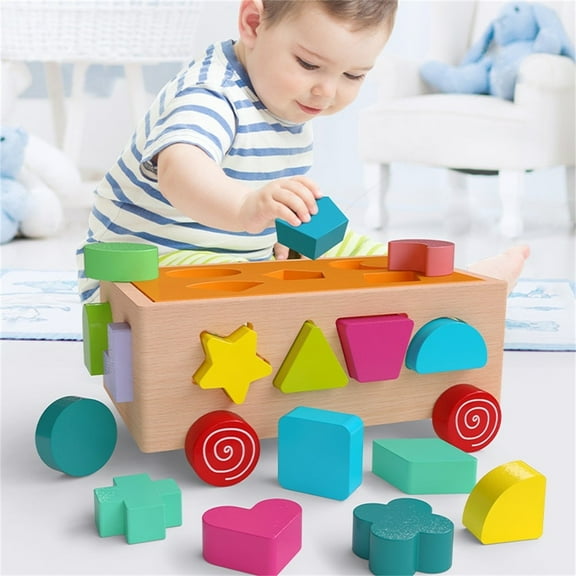 FEOLGEHLY Shape Sorter - Montessori Wooden Learning Shapes Toy with Different Shape Blocks - Early Education and Sensory Development Storage Pull Car for Toddlers, Geometry Learning