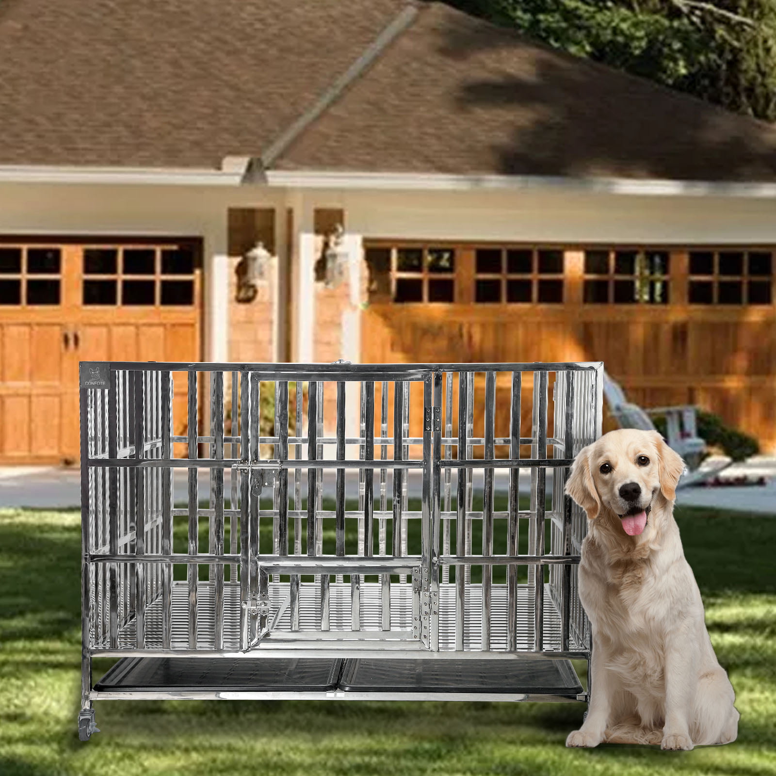 confote Heavy Duty Stainless Steel Dog Cage Kennel Crate and Playpen for Training Large Dog Indoor Outdoor with Double Doors & Locks Design Included Lockable Wheels Removable Tray No Screw 