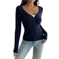 thumbnail image 2 of Women'S Long Sleeve Shirt V-Neck Buttons Ribbed Knit Slim Fit Casual Basic Spring Autumn Tops Blue M, 2 of 9
