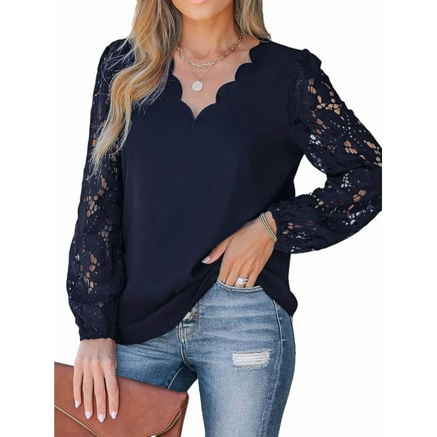Blusa Elegante de Encaje para Mujer, Larga, Cuello en V, Ojales, Elegante, para Fiesta, Floral, con Cuello en V Festoneado Azul Marino XL