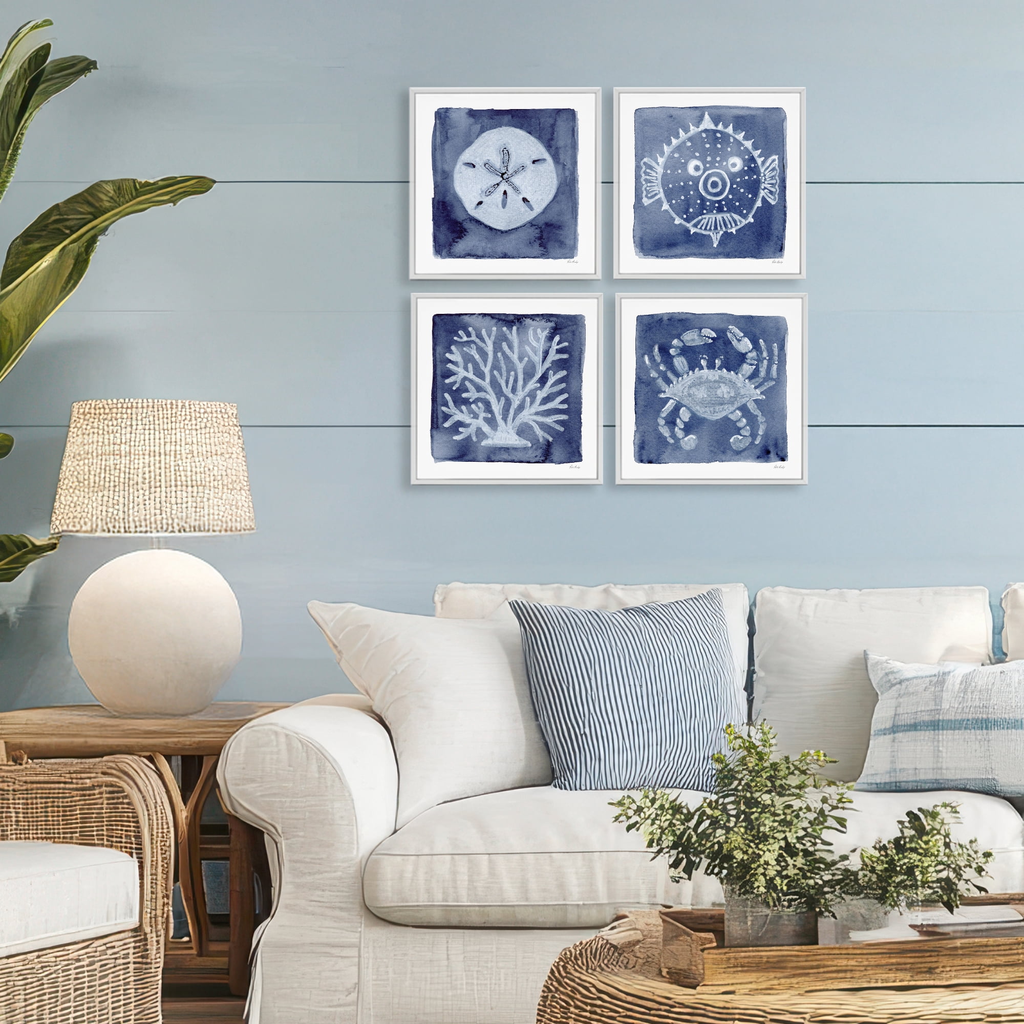 Stupell Industries Aquatic Creatures on Indigo 4 Piece White Framed Giclee Art Set, design by Patti Bishop