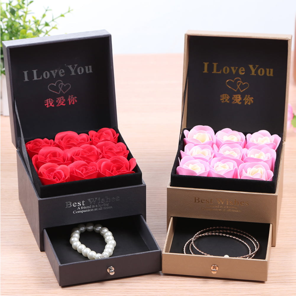 1/6pc Rose Pattern Double Ring Earring Display Box With Ribbon Bowknot Gift Case 