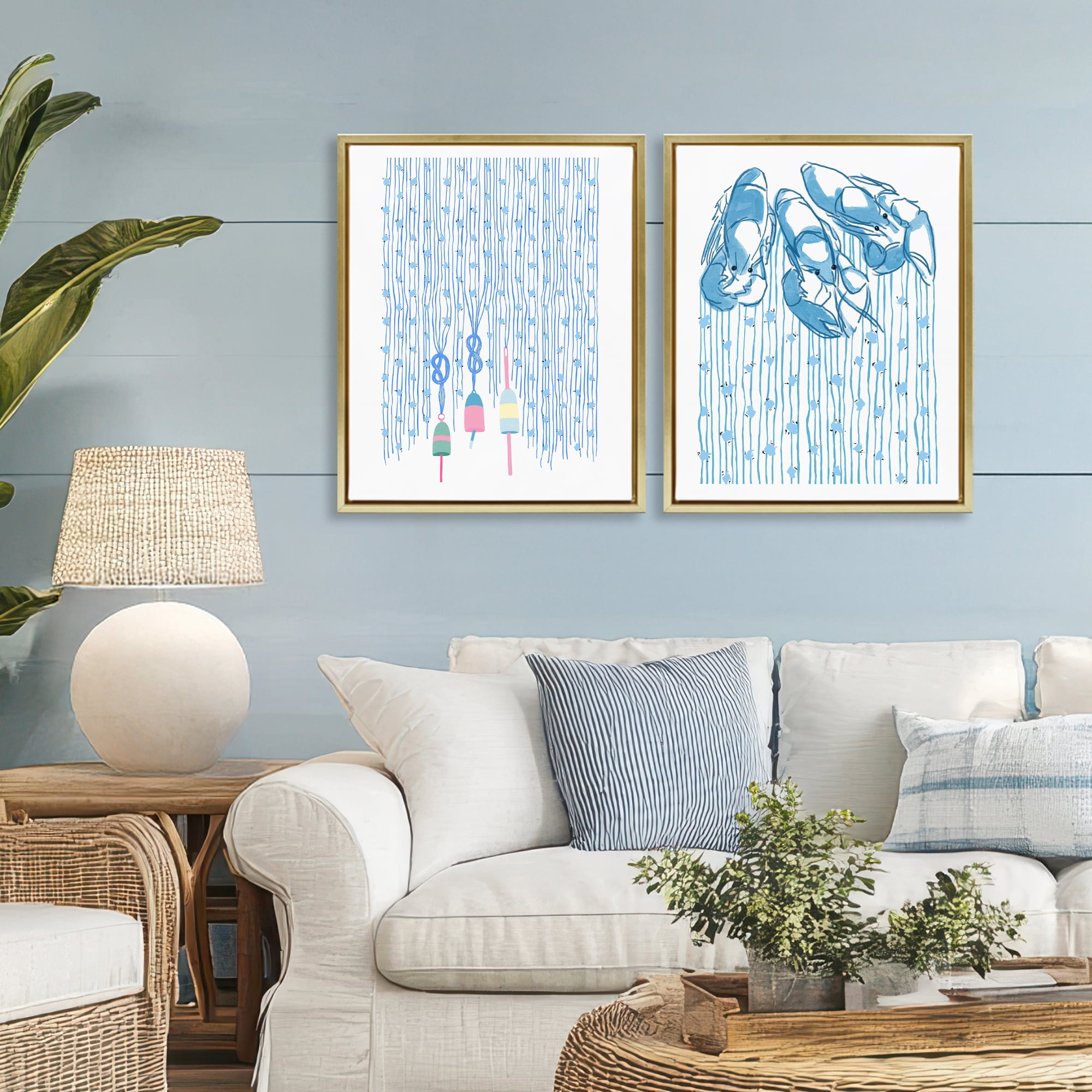Stupell Industries Nautical Buoys & Lobsters 2 Piece Gold Framed Floater Canvas Set, design by Melissa Tilley