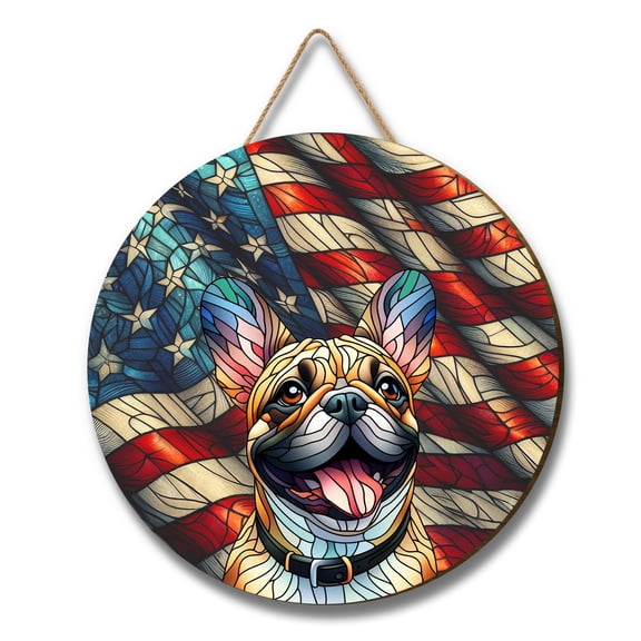 Patriotic French Bulldog Stained Glass Portrait American Flag Round Wood Sign Dog Lover Gifts Hanging Wall Home Decor - 01010