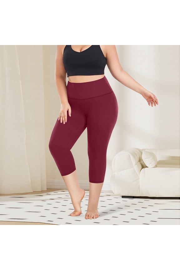 Womens Plus Size Workout Capri Leggings with Pockets Reflective Buttery Soft High Waisted Tummy Control Yoga Pants Wine XL