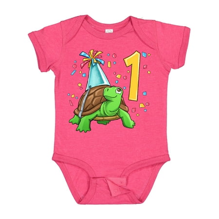 

Inktastic 1st Birthday Cute Turtle in Party Hat with Confetti Boys or Girls Baby Bodysuit