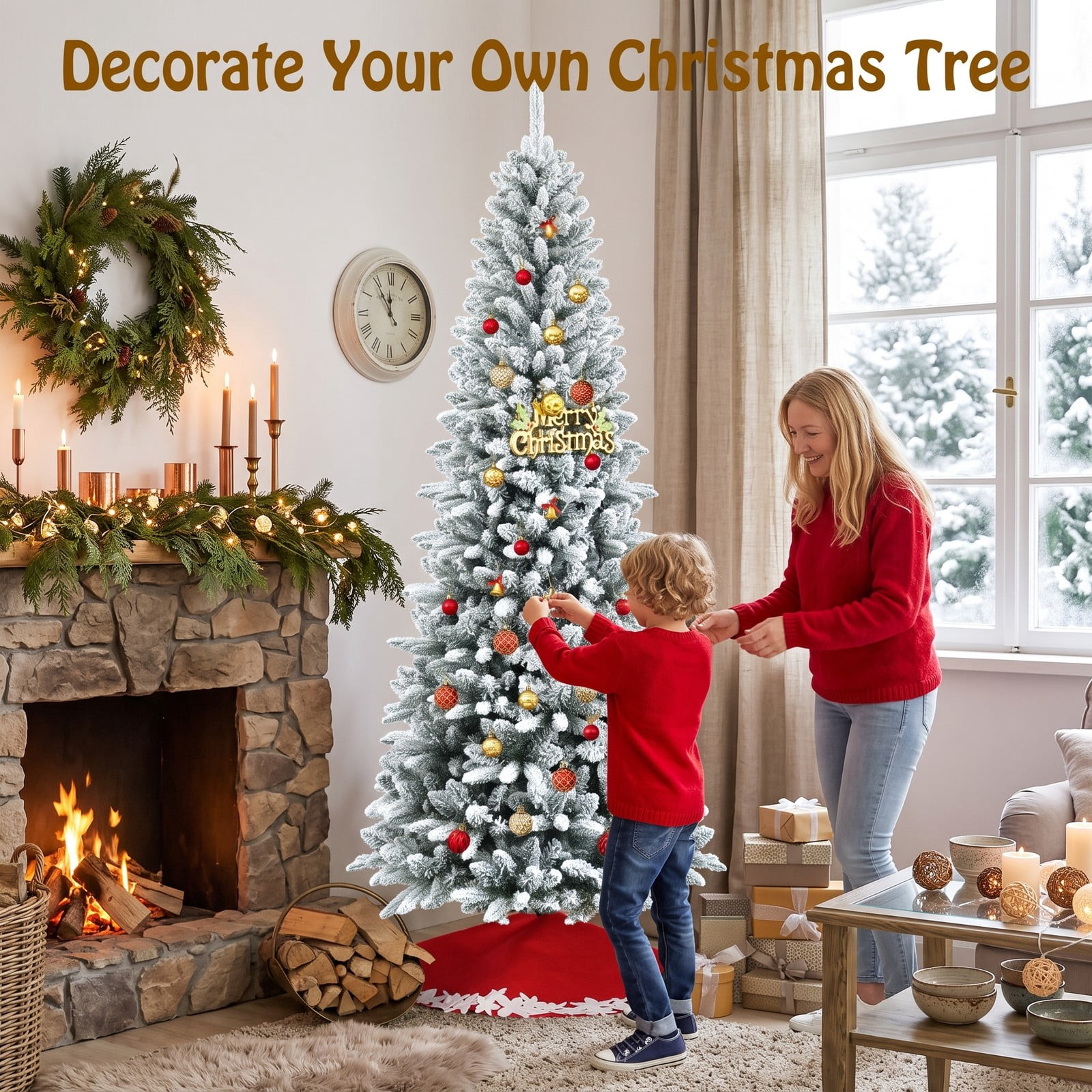 RUIE 7.5 ft Snow-Flocked Hinged Artificial Christmas Pencil Tree, Slim Unlit Xmas Tree with 1189 Mixed Tips and Metal Stand for Holiday Home Office Party, White
