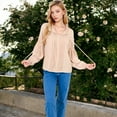thumbnail image 4 of Women's Long Sleeve Pleated Blouse with Lace Detail and Tie Neck - Large, Beige, 4 of 7