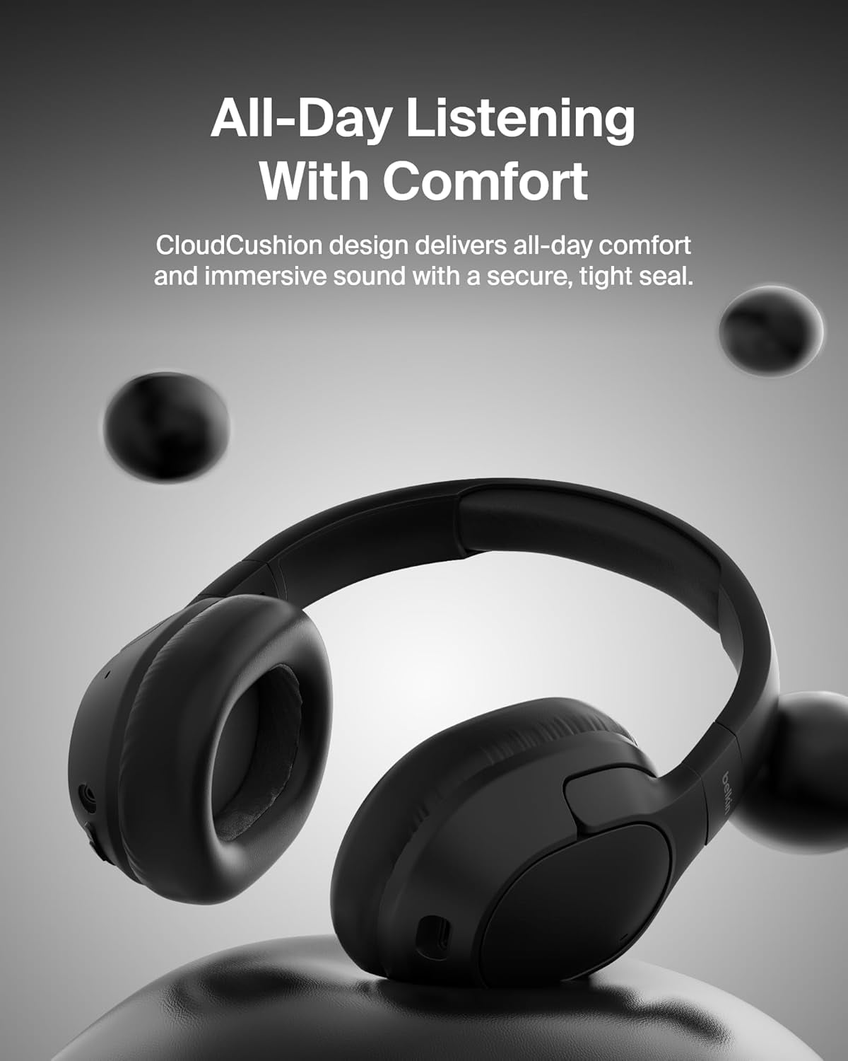 Belkin SoundForm Isolate Bluetooth Over-Ear Headphones - Hybrid Active Noise Cancelling Headphones - Wireless w/ 60H Playtime, Fast Charging & CloudCushion Ear Cups for Travel, Home, Office - Black