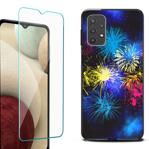 Slim-Fit Flexible TPU Gel Phone Case (black) for Samsung Galaxy A32 5G, with Tempered Glass Screen Protector, by OneToughShield ® - Fireworks