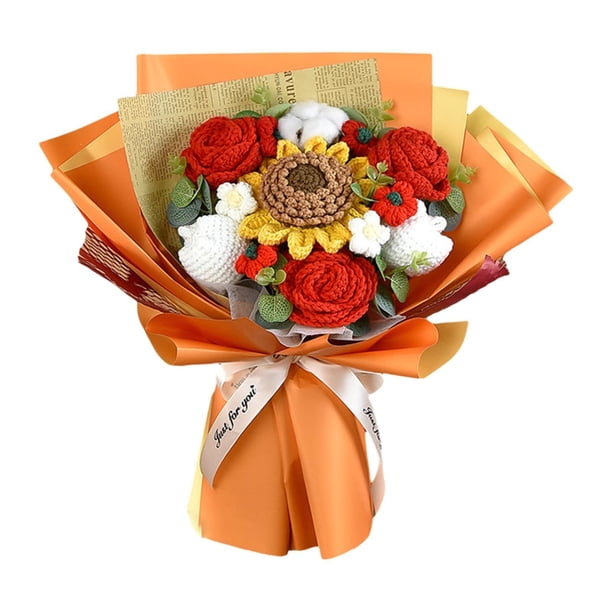 Ramo de flores de ganchillo con girasoles artificiales para centro de mesa, regalo hecho a mano para el hogar Naranja
