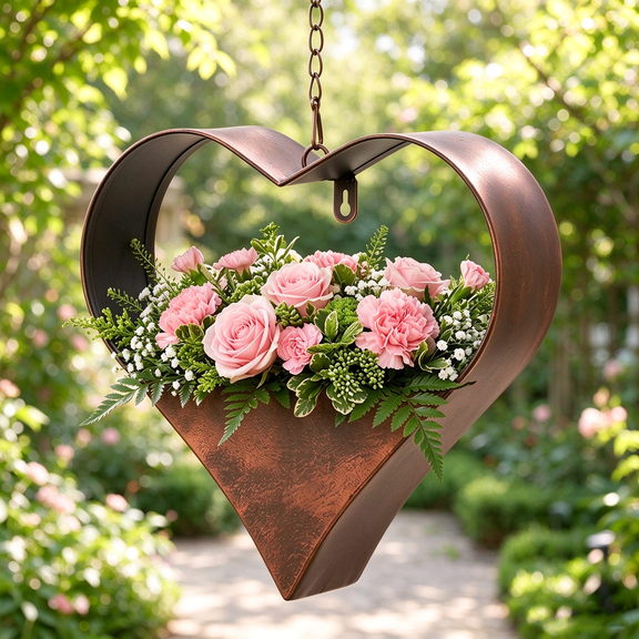 Heart-Shaped Metal Hanging Planter with Drain Hole, 10.6 in Rustic Wall Mount Pot for Indoor Outdoor Patio, Succulent Mom Gift