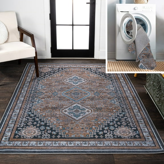 JONATHAN Y WASHABLE 5 x 8 Area Rug, Dalyan Geometric Medallions - Brown/Blue/Gray, WSH101B-5
