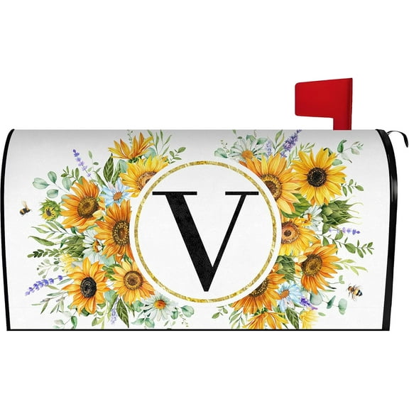 Summer Sunflower Monogram Letter V Mailbox Cover Magnetic 21x18 Inch, Family Last Name Initial Post Letter Box Covers, Spring Summer Seasonal Outdoor Yard Garden Standard Mailbox Decor