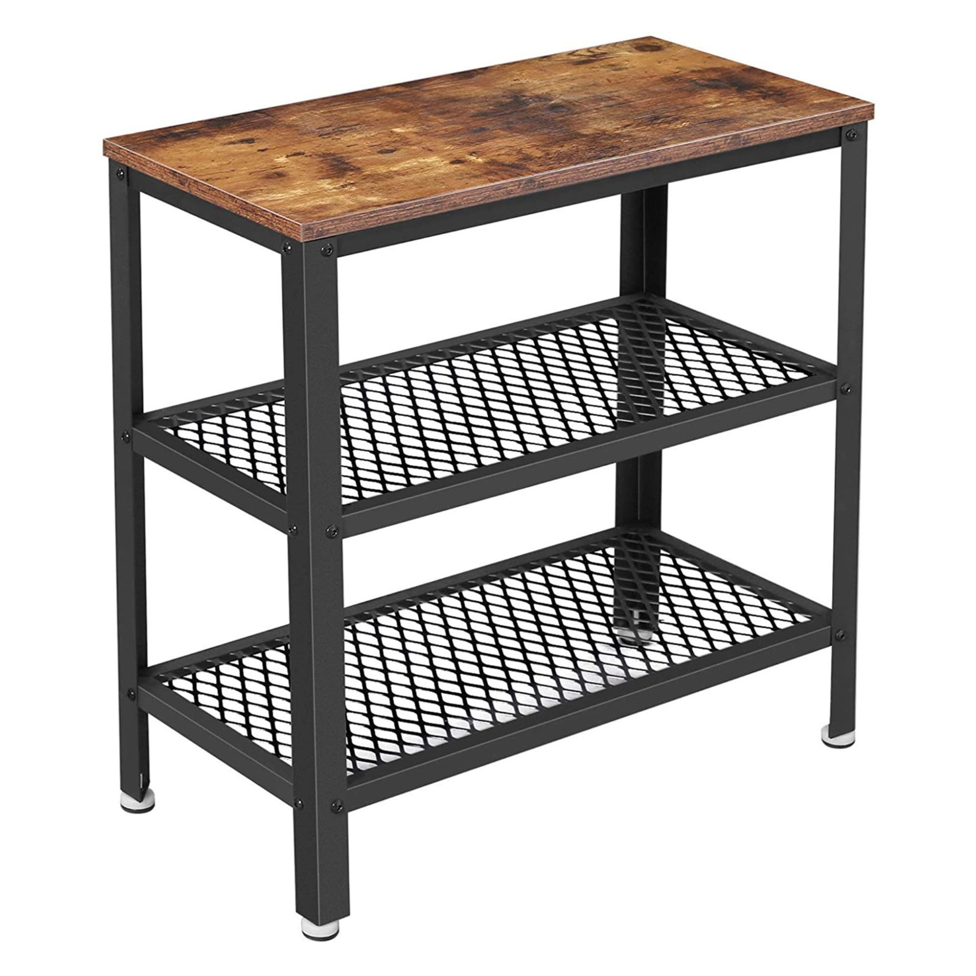 Wood and Metal Frame Side Table with 2 Open Mesh Shelves, Brown and
