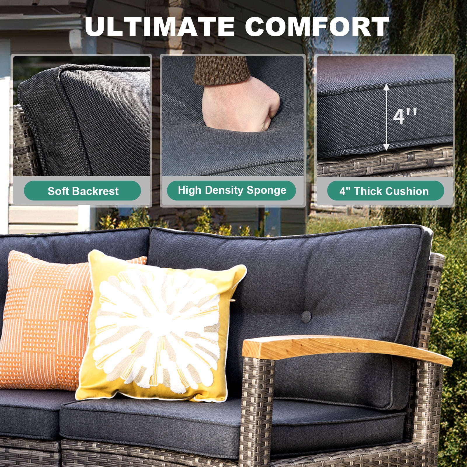 MEISSALIVVE 11 Piece Outdoor Patio Furniture Set, Half-Moon Curved Rattan Conversation Set with Wood Armrests, Coffee Table & 2 Side Table(Gray)