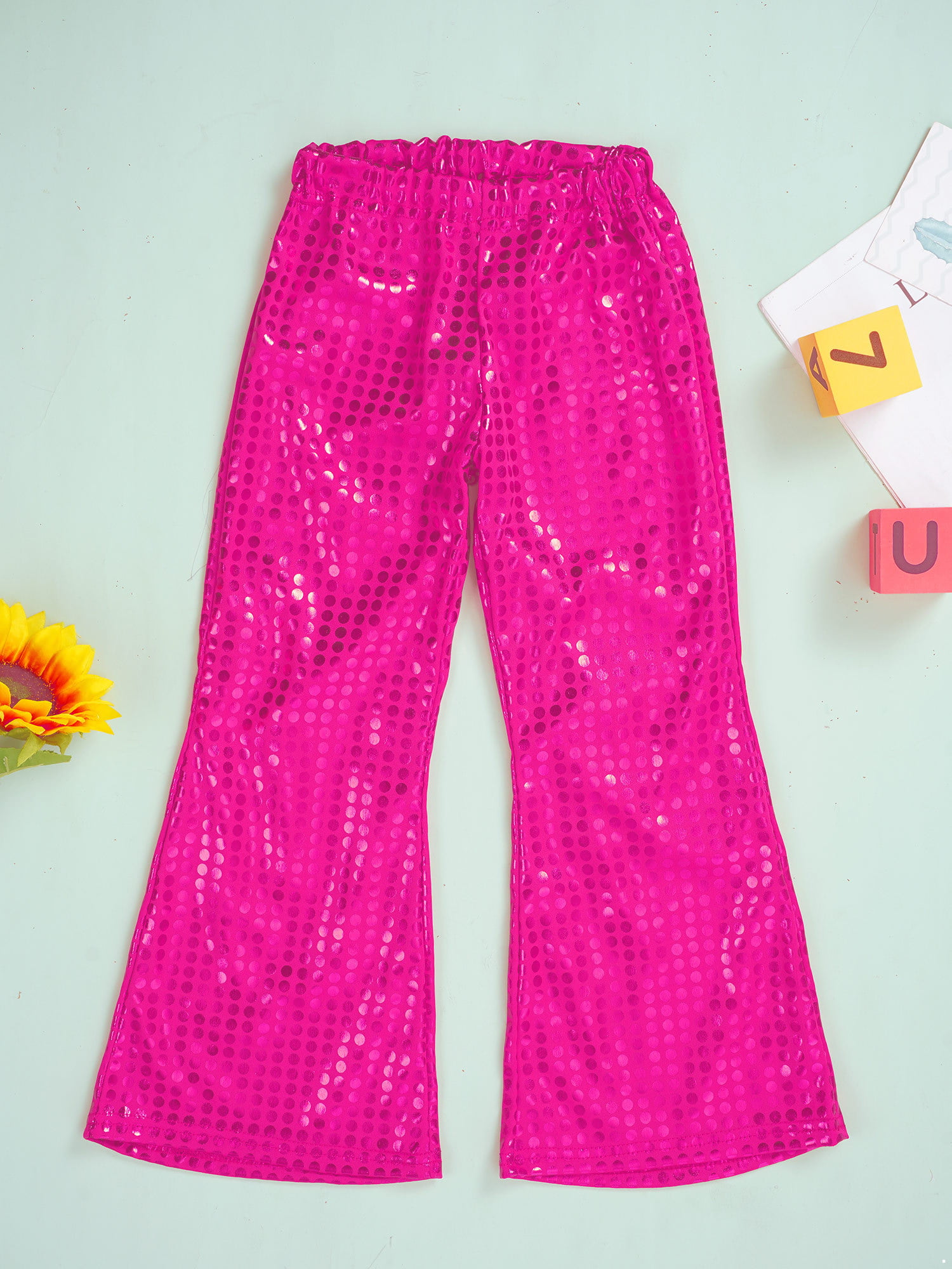inhzoy Kids Girls Elastic Waist Sparkly Sequin Flared Pants Dance  Performance Shiny Bell-Bottom Trousers Hot Pink 7-8 