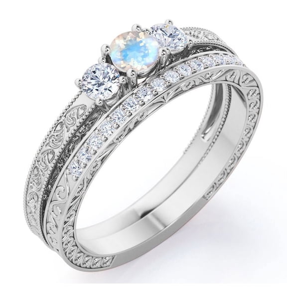 JeenMata Past Present Future 1 Carat Round Cut Blue Moonstone and Moissanite Art-Deco Edwardian Cathedral Wedding Ring Set in 18K White Gold Plating over Silver