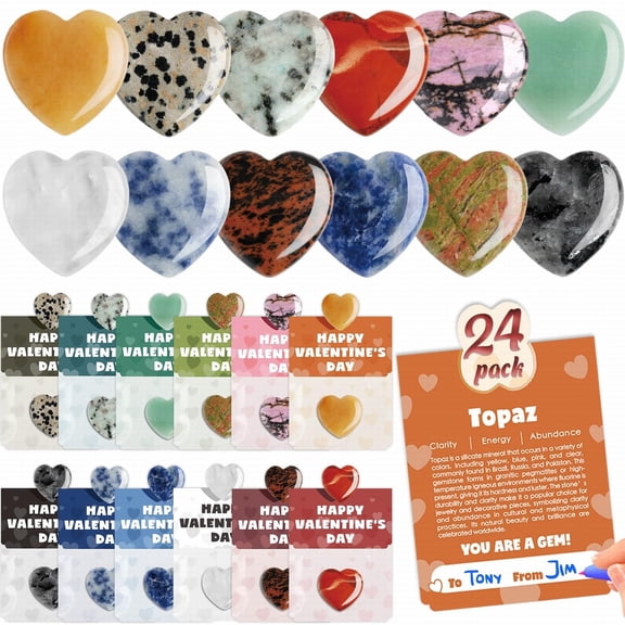 Valentines Day Gem Gifts,24 Pack Prefilled Valentine'S Day Cards With Heart-Shaped Gemstone For School Classroom Class Party Favor, Valentine Rock Crystal Gift Exchange For Student