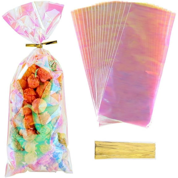 100Pcs 4 x 10 Inch Cellophane Bags Clear bags with Ties Holographic Iridescent Pink Plastic Favor Pouch for Party Gifts Wedding Candy Popcorn Cookies Packing Valentine Snack Packet