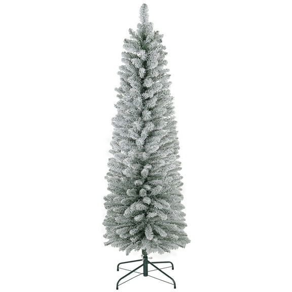 Christmas Tree HOMCOM 5ft Artificial Pencil Christmas Tree with 263 Snow Flocked Tips, Metal Base, Realistic Xmas Tree,Artificial Christmas Tree
