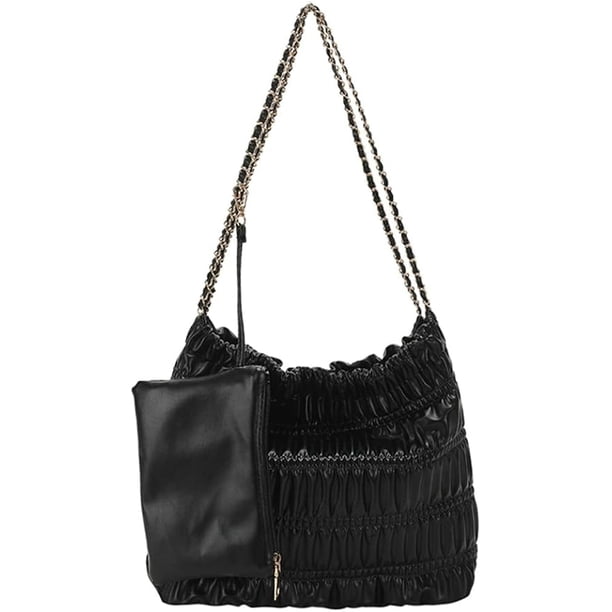 LHSHID Women’s Drawstring Bucket Bag Fashion Chain Crossbody Bag Pleated Vegan Leather Tote Handbags with Purse