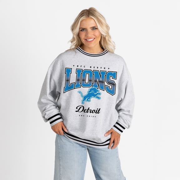 Women's Gameday Couture Ash/Black Detroit Lions Oversized Gridiron Drive Ringer Stripe Sweatshirt