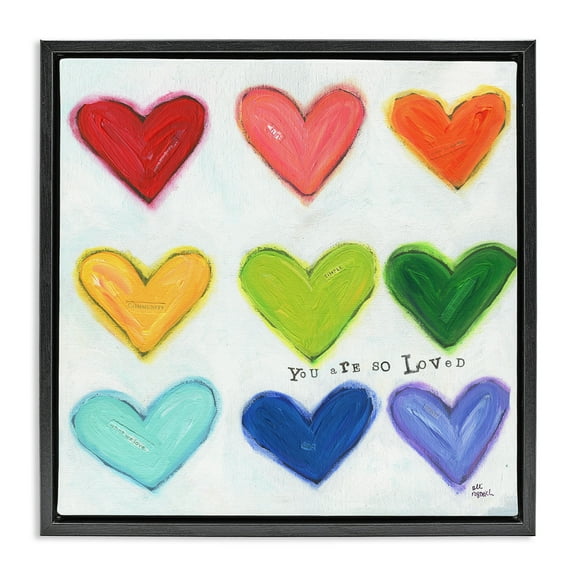 Stupell Industries You Are So Loved Rainbow Hearts Inspirational Painting Black Floater Framed Canvas Art Print Wall Art, 18 x 18