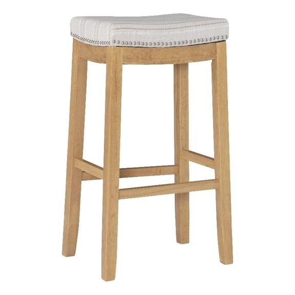 Maklaine Bar Stool Natural Stripe Padded Seat Wood Frame in Rustic Brown