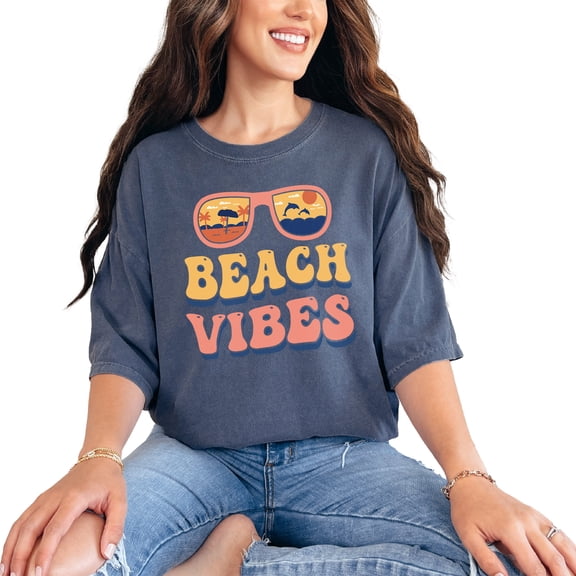 Beach Vibes with Sunglasses, Ocean, Sea or Summer Themed, Groovy Retro Wavy Text, Denim Comfort Colors T-Shirt, Small