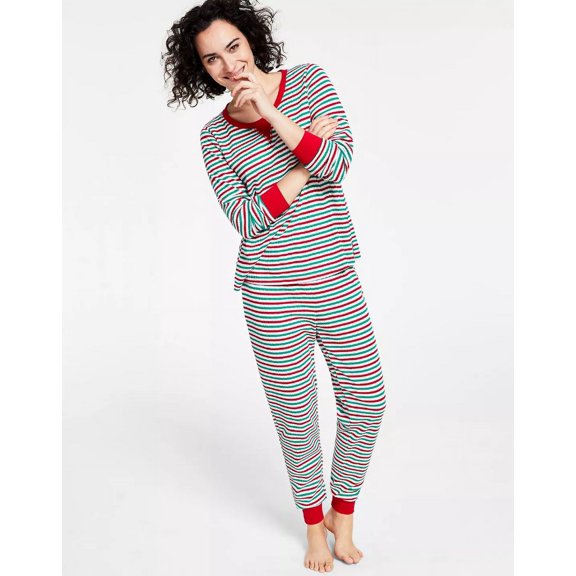 Family Pajamas Matching Women's Thermal Waffle Holiday Stripe Pajama Set-Medium