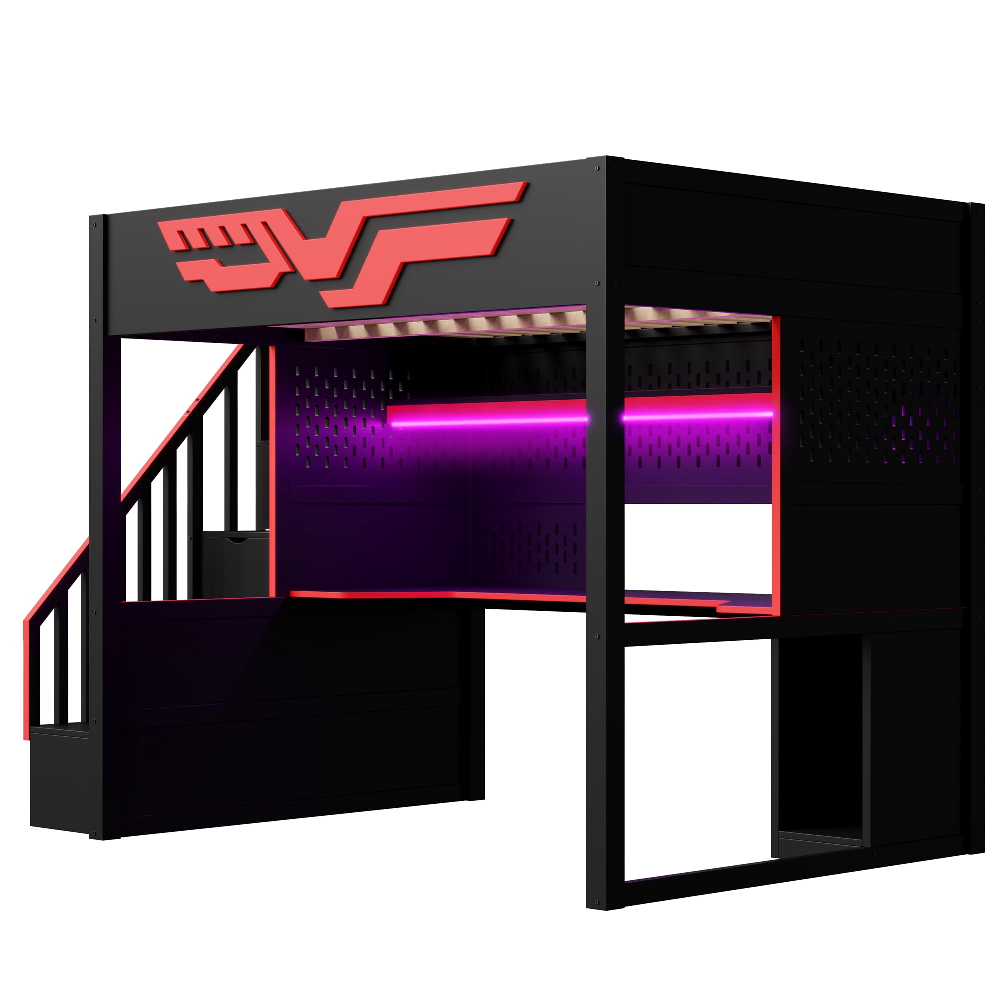 Euroco Wood Full Size Loft Bed with Desk and Staircase, Gaming Bed with LED Light and USB Charging, Black