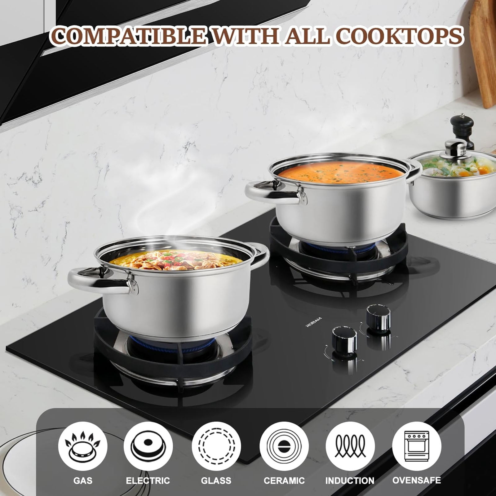 Leyeet Home Kitchen Cookware Sets, 10 Pcs Non Stick Stainless Steel Soup Pot Set, Double Handle Soup Pot with Lids, Large Saucepan Compatible with All Cooktops for Gas, Electric and Induction