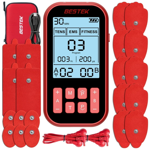 BESTEK TENS Unit Muscle Stimulator for Pain Relief – 3-in-1 EMS TENS Machine with 20 Pads, Dual Channel, Rechargeable Massager for Back, Sciatica, Neck, Shoul